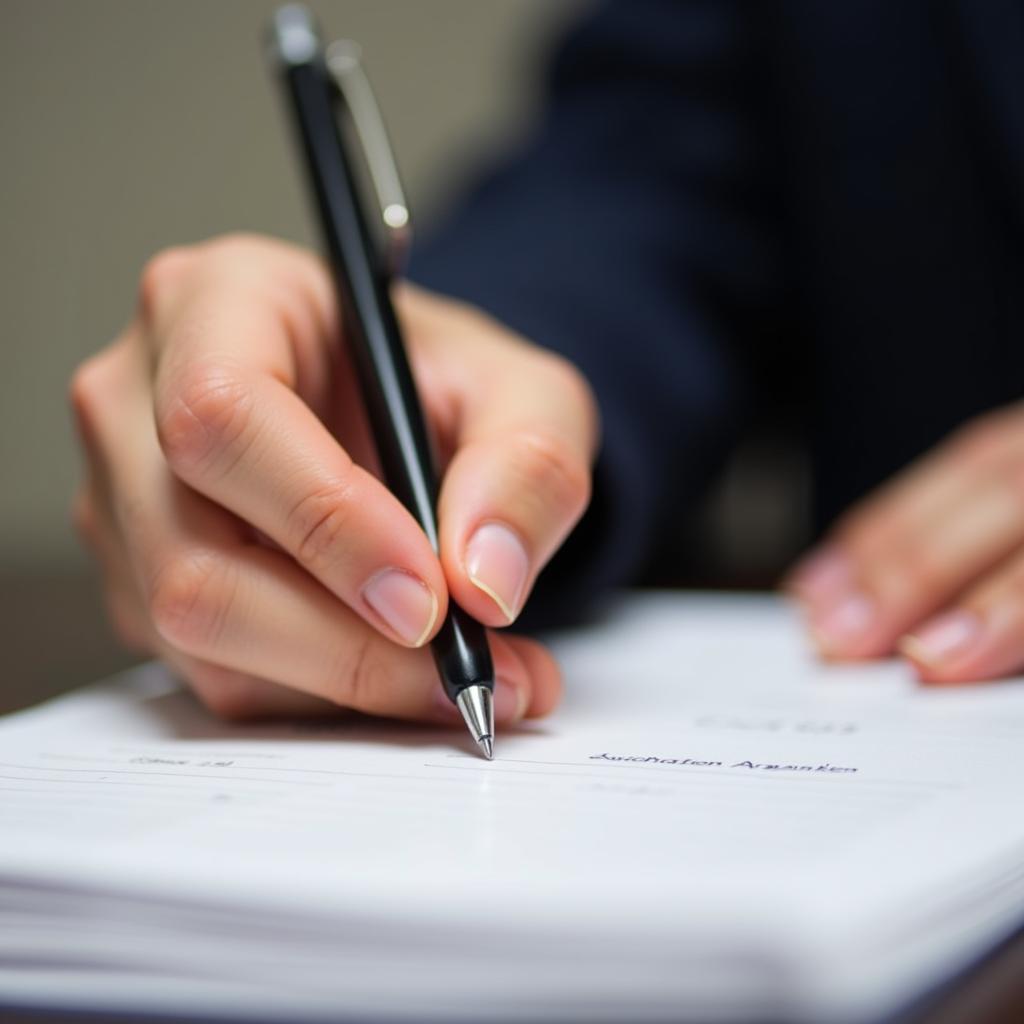 close-up of a hand writing a scholarship essay