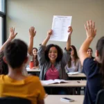 Students using an attendance sheet in a classroom