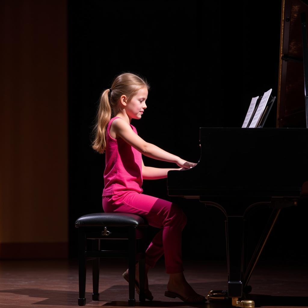 A young girl confidently performing on a grand piano on a stage, showcasing the fulfilling experience of musical accomplishment.