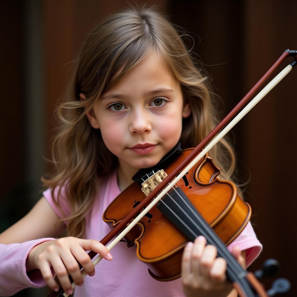 Cô gái trẻ đang tập chơi đàn violin