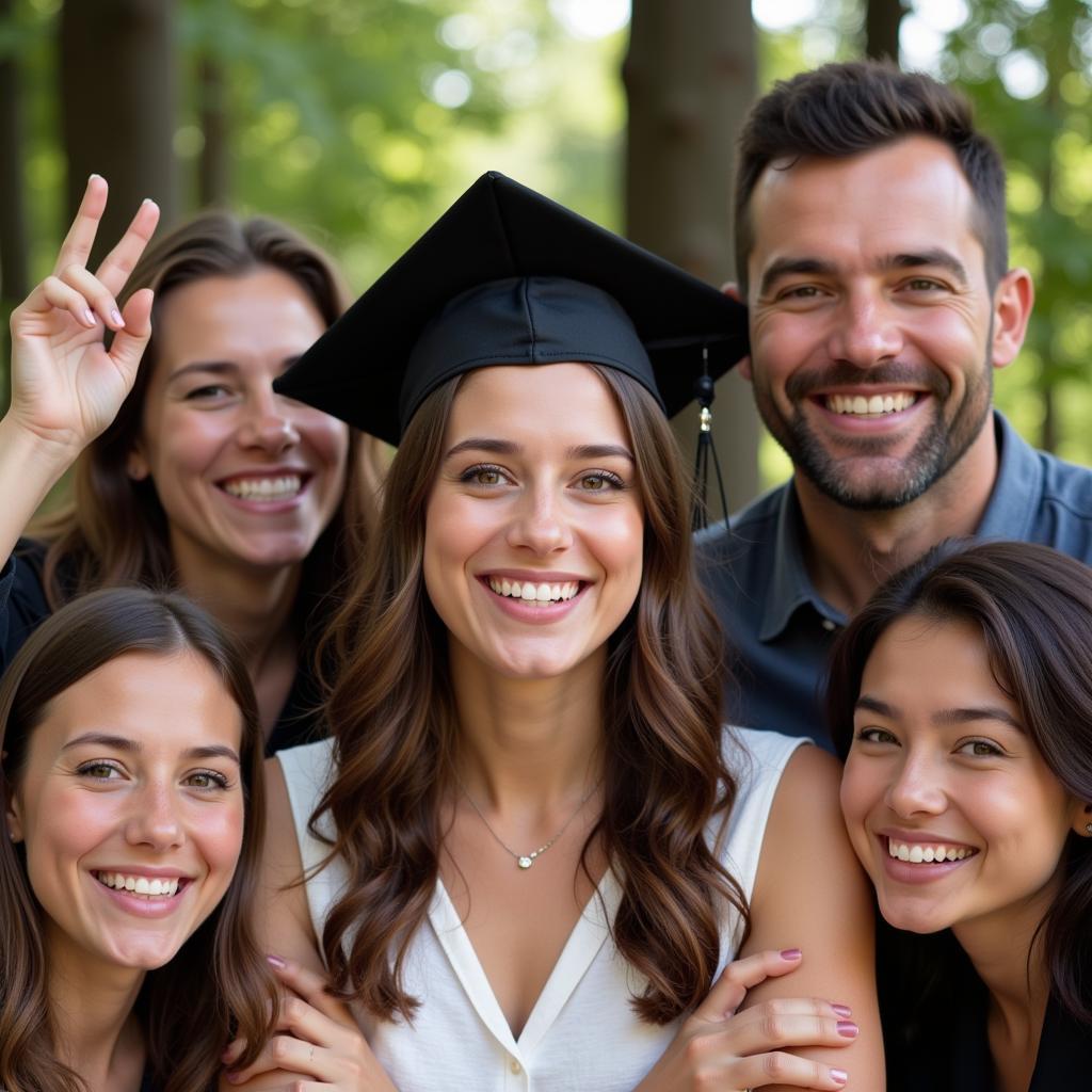 The young woman beaming with joy, surrounded by her supportive family and friends.