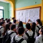 Students checking the admission list at THPT Quang Trung