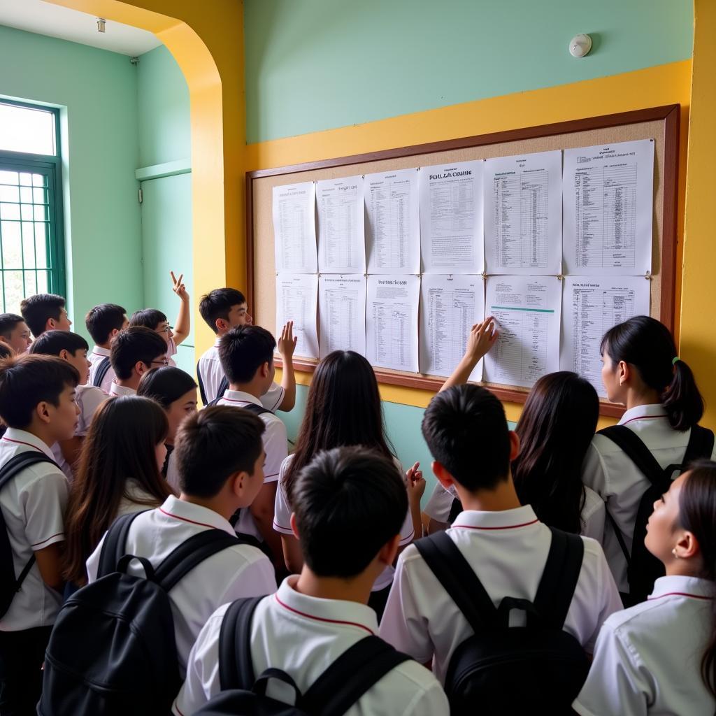 Students checking the admission list at THPT Quang Trung