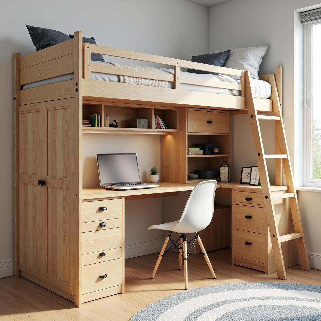 Loft bed with desk and storage for teenagers