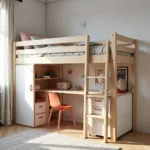 Modern bedroom with loft bed and integrated desk