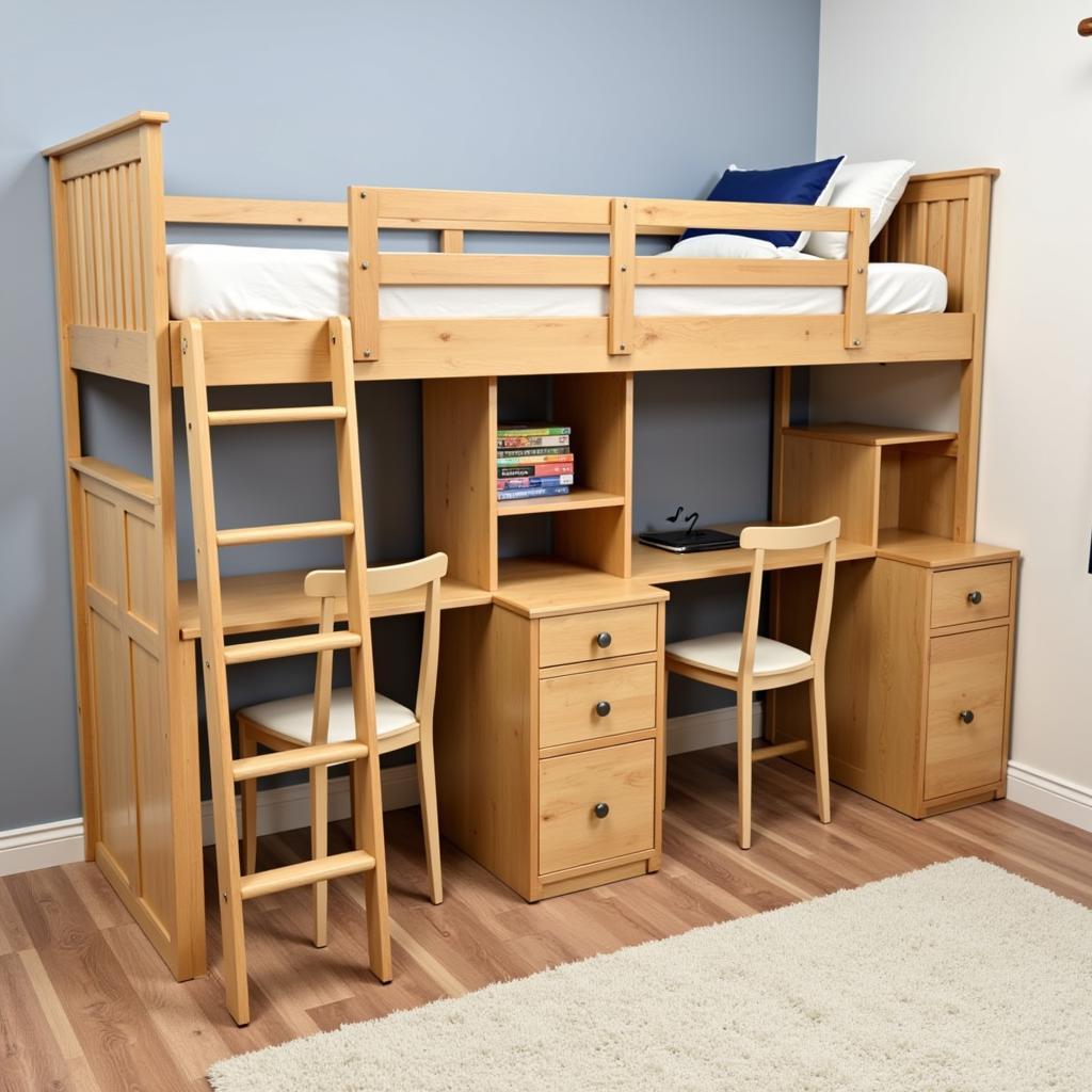 Bunk bed with two study desks and storage