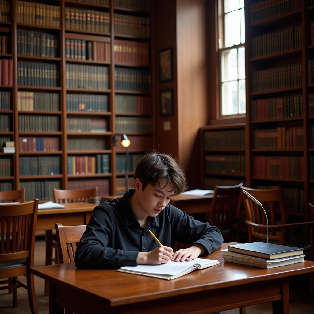 Harvard Student Studying in Library