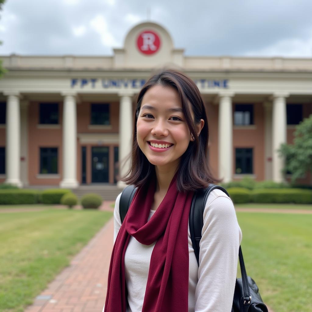 a student smiling confidently in front of the FPT university building