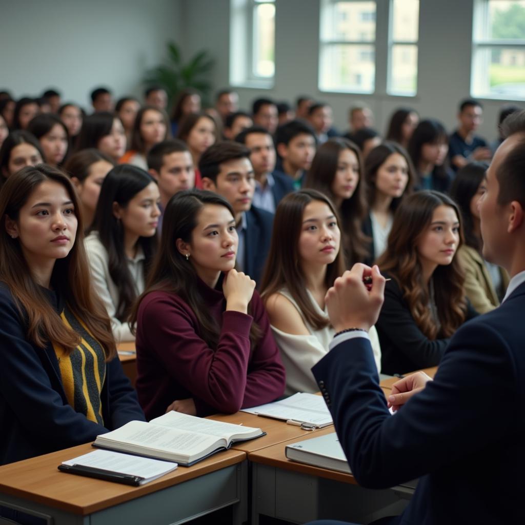 Trong một lớp học đông học sinh, các em đang chăm chú nghe thầy Đặng Thành Nam giảng bài. Ánh mắt của các em đều hướng về phía thầy với sự tập trung cao độ.