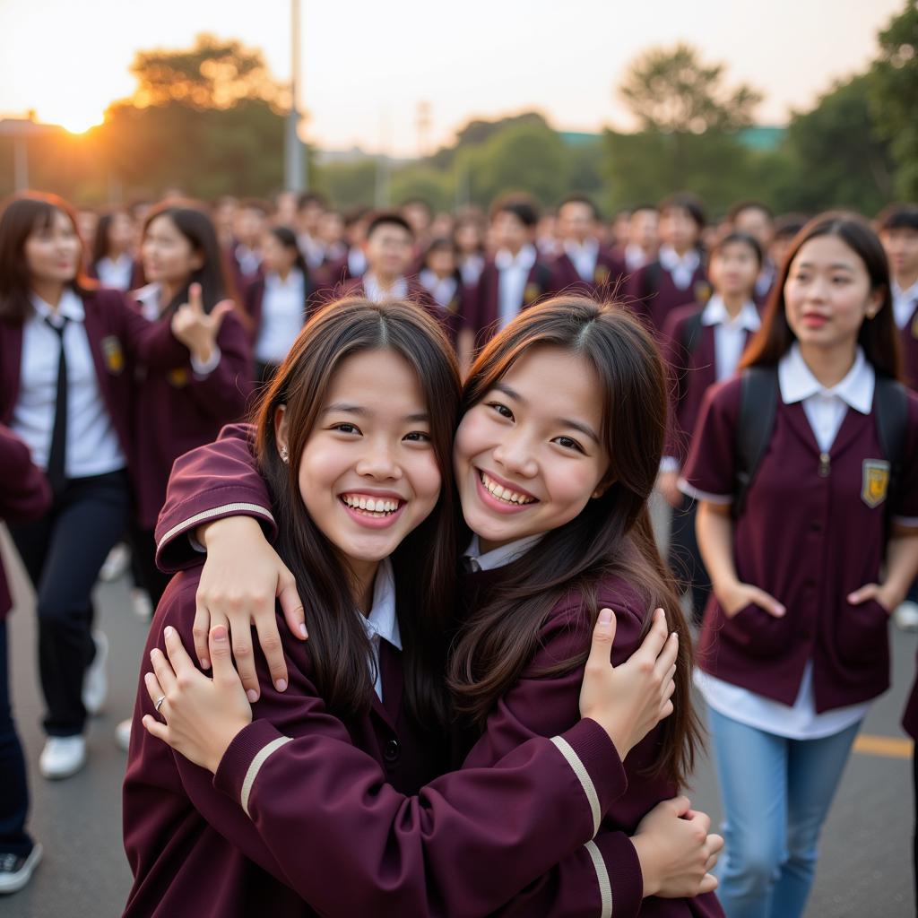 Students celebrating their admission to THPT Quang Trung