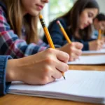 Students writing with pencils