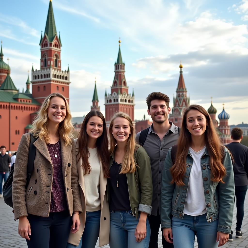 Group of international students exploring the vibrant city of Moscow