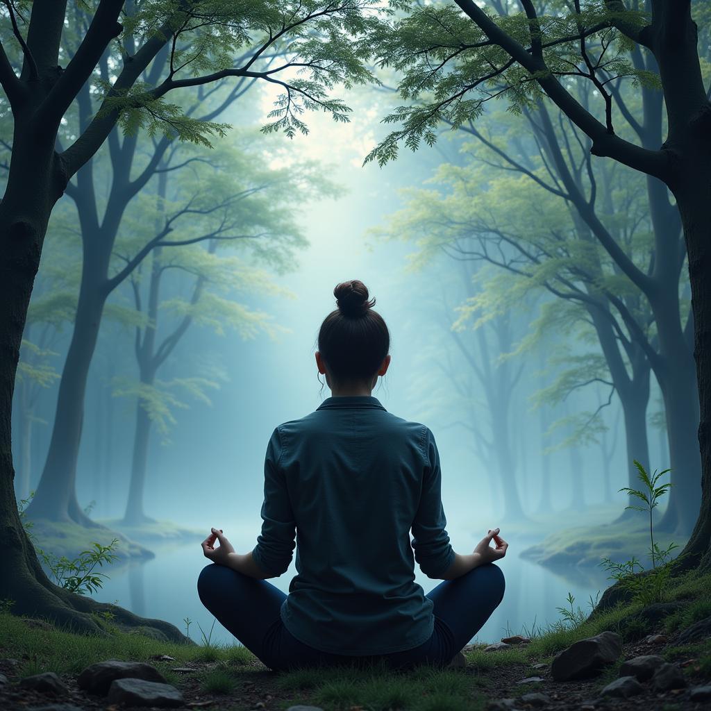 A person sitting in a quiet room meditating, eyes closed, a serene expression on their face.