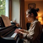 A young woman passionately practicing piano at home, highlighting the accessibility and convenience of self-learning.