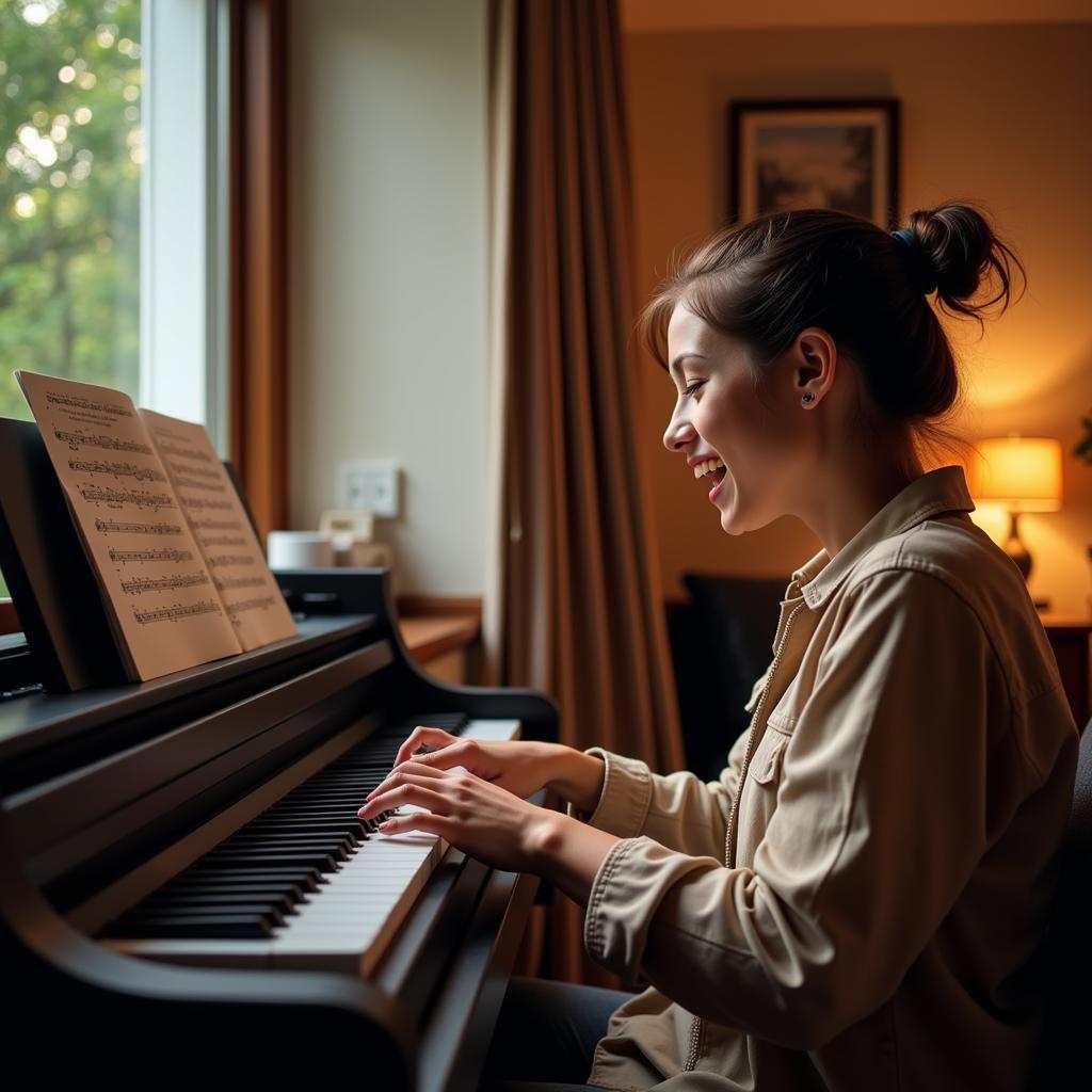 A young woman passionately practicing piano at home, highlighting the accessibility and convenience of self-learning.