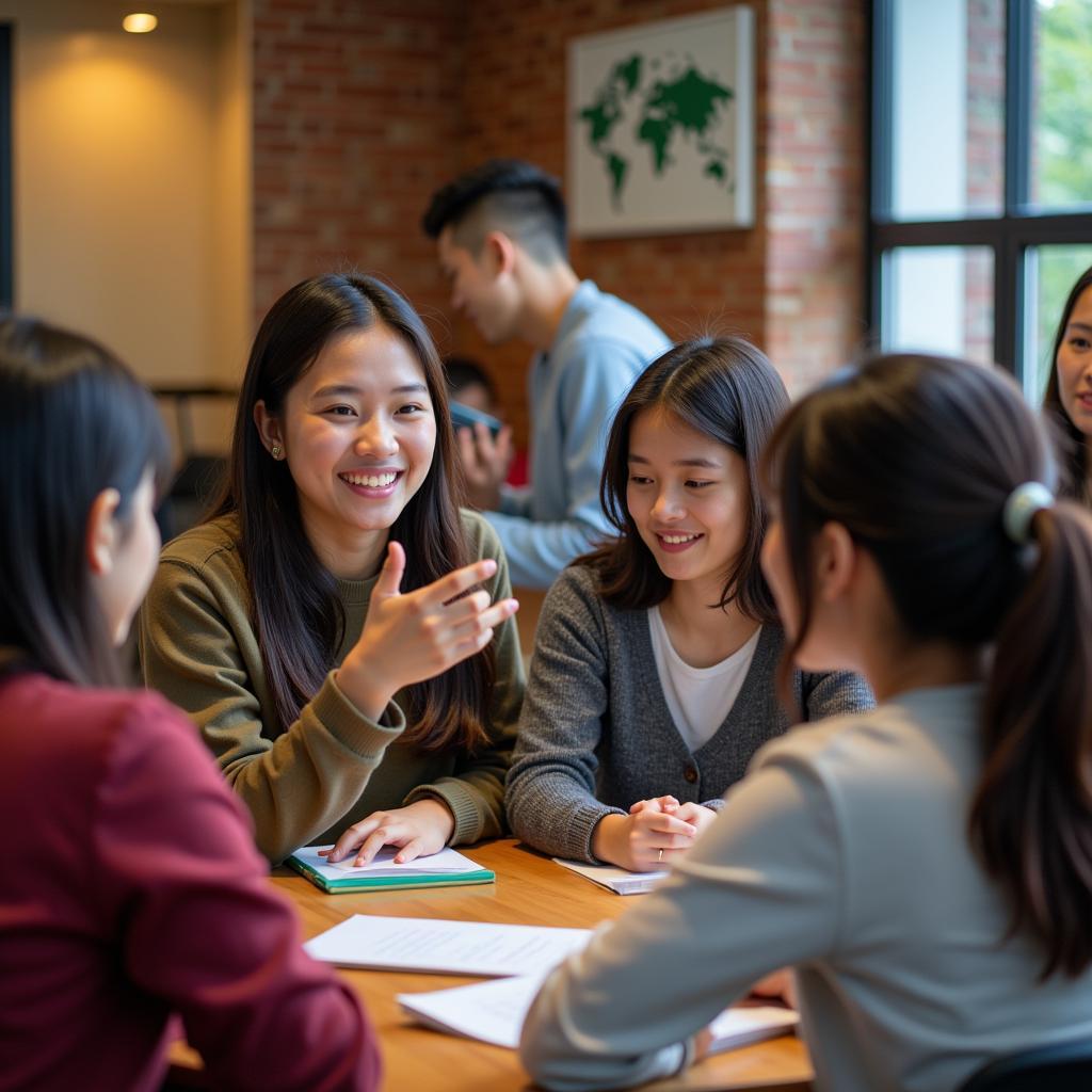 A Vietnamese student actively participating in a group discussion on a US student forum, practicing their English communication skills and gaining cultural insights.