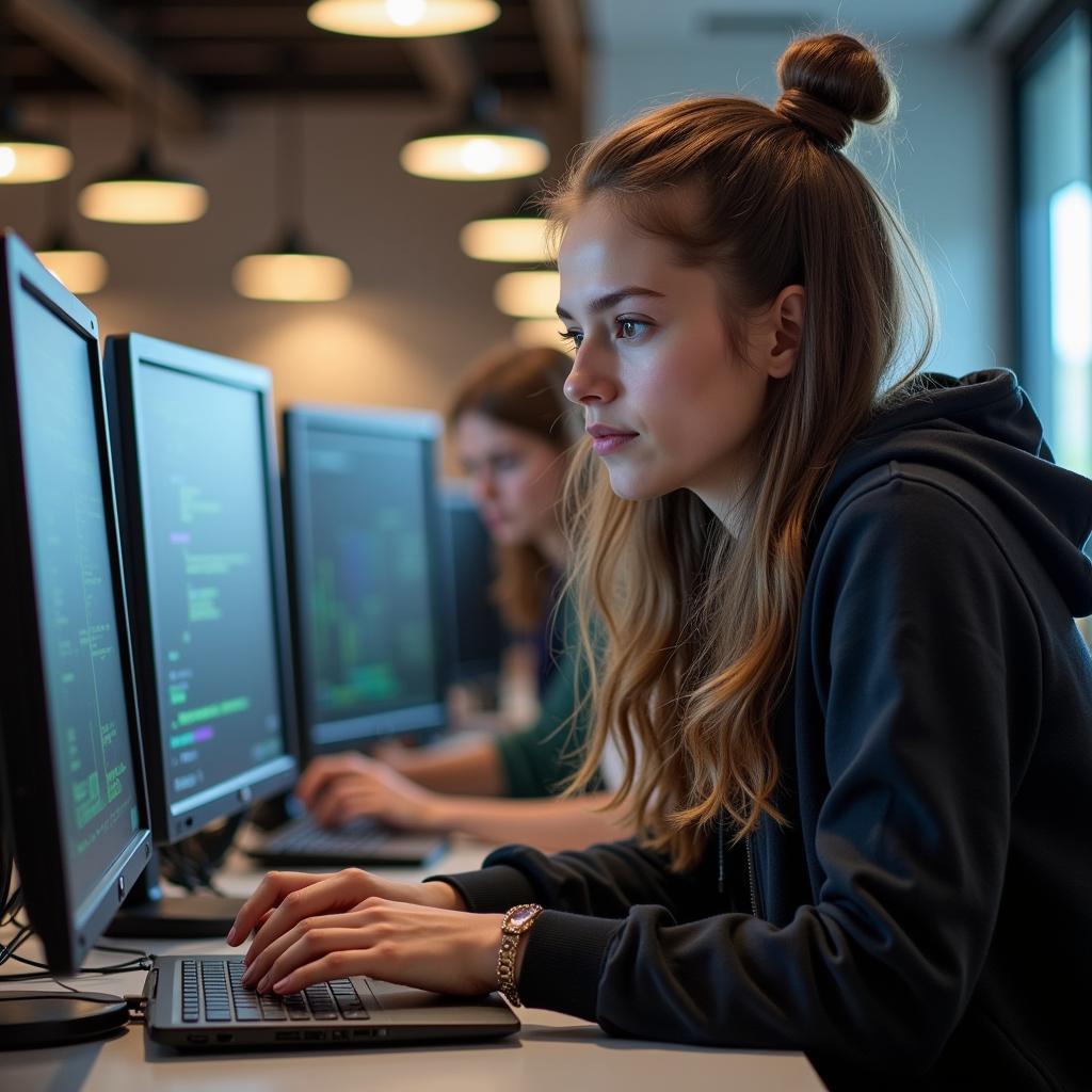 Female student coding on laptop