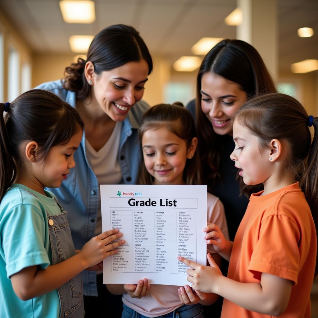 Parents and students looking at a class list