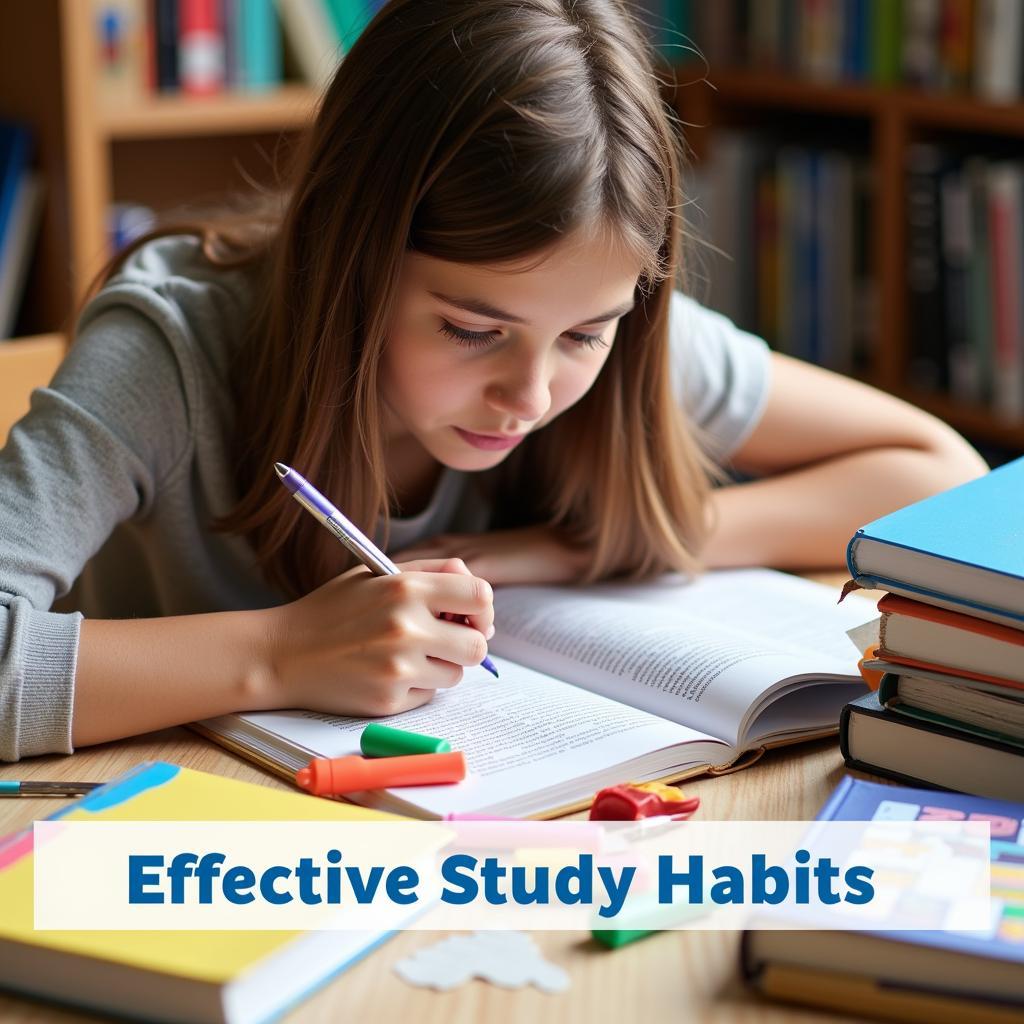 A student diligently taking notes while surrounded by textbooks and study materials.