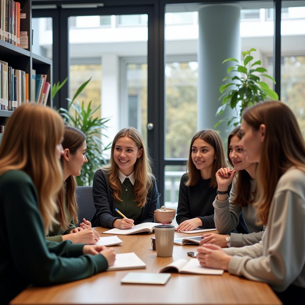 Students discussing at a German university library