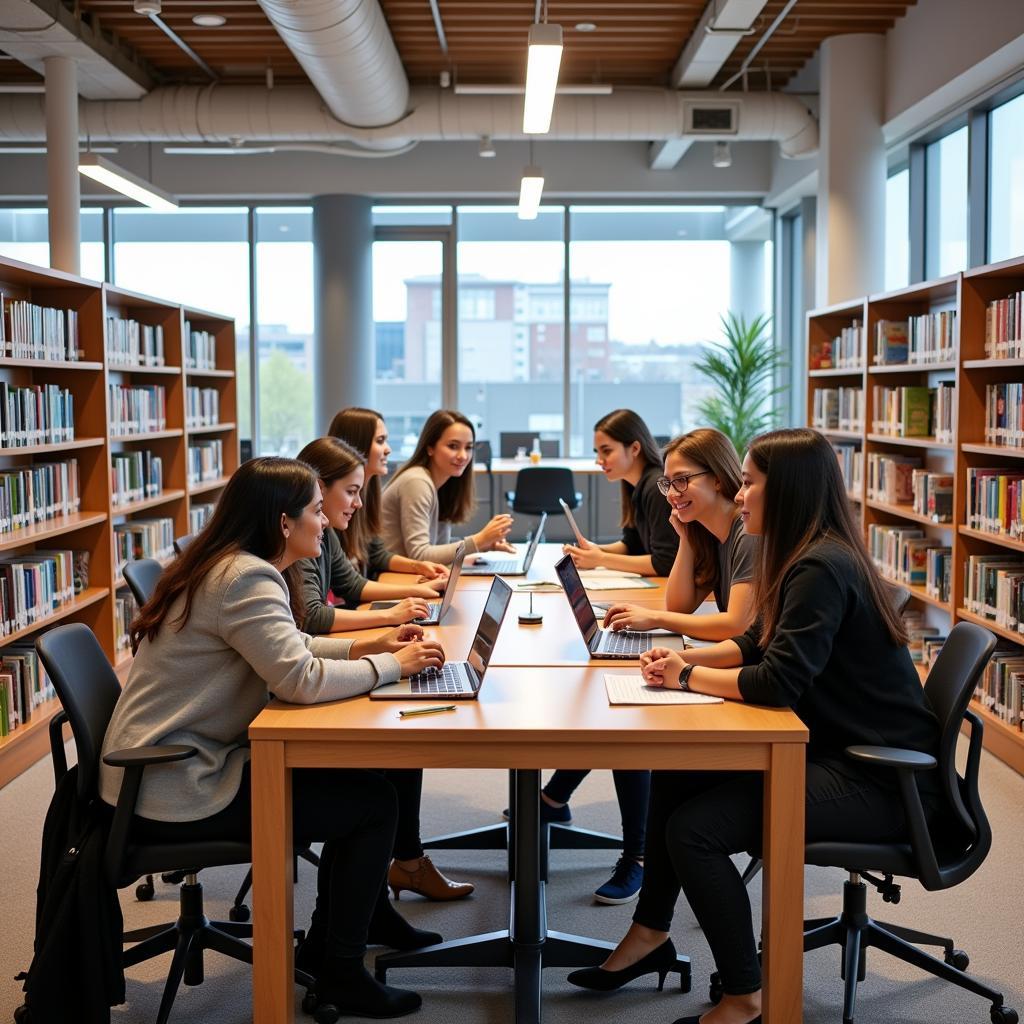 Students engrossed in their studies at a modern university library in Russia