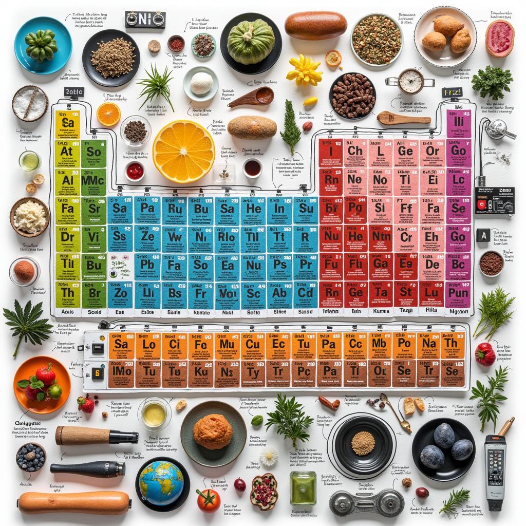 Various real-life applications of elements from the periodic table, like oxygen in respiration, sodium in food, or silicon in electronics.