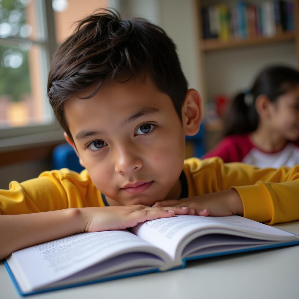 A student diligently studying English grammar and vocabulary