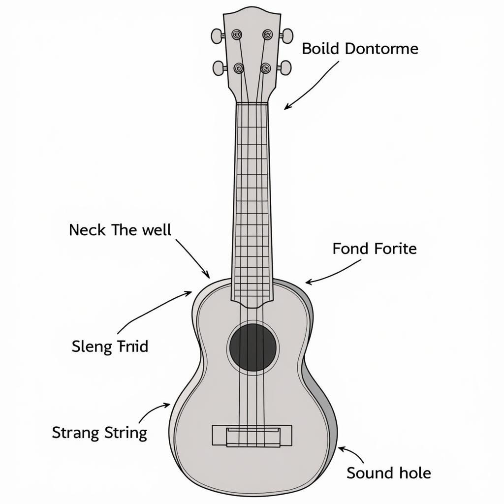 Hình ảnh minh họa các bộ phận của ukulele: cần đàn, phím đàn, dây đàn, thùng đàn và lỗ thoát âm.