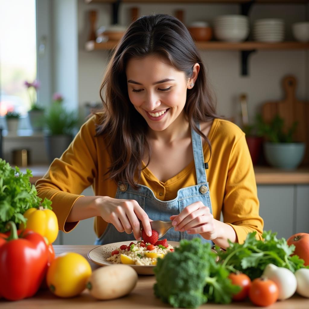 Người phụ nữ đang chuẩn bị bữa ăn với nhiều rau củ quả tươi ngon.