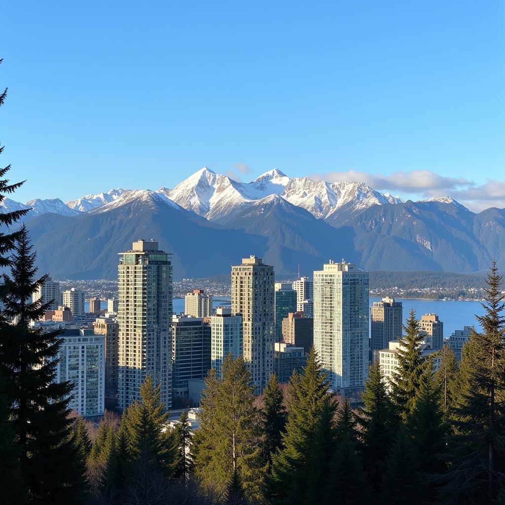 Cảnh đẹp Vancouver Canada với các tòa nhà cao tầng hiện đại và núi non hùng vĩ phía xa.