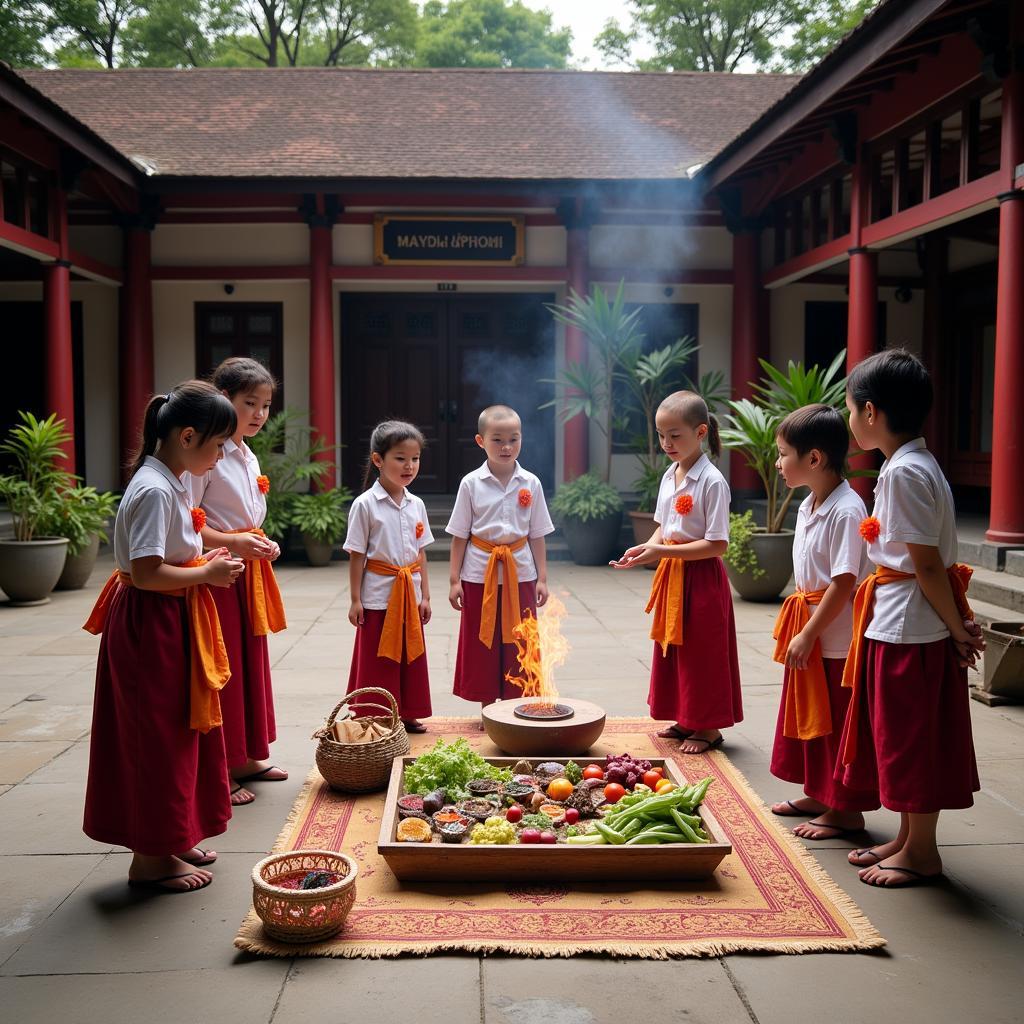 Học sinh Thái Lan cúng bái tại trường