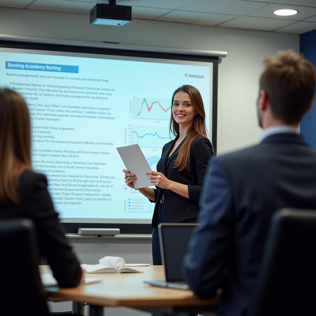 A confident young woman is presenting a financial report to colleagues in a boardroom, illustrating the professional success a banking academy graduate can achieve.