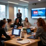 Students studying hotel management in a modern classroom.