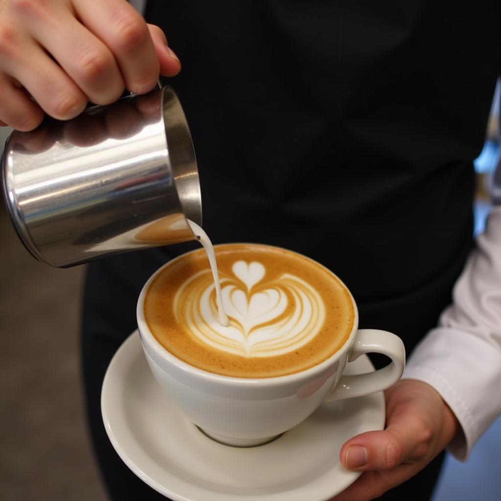 Học viên barista đang thực hành kỹ năng latte art, tạo hình trên bề mặt cà phê