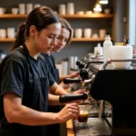 Học viên barista đang thực hành pha chế cà phê với máy espresso chuyên nghiệp