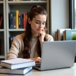 A female student is diligently studying, surrounded by books and a laptop, embodying the dedication required for securing and succeeding in a vocational scholarship program in Australia.