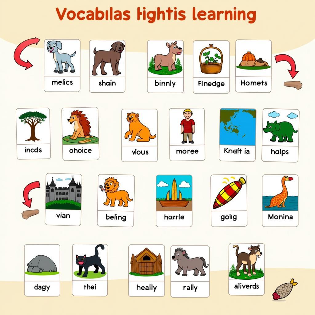 Hình ảnh minh họa việc học từ vựng tiếng Anh theo chủ đề với flashcards và hình ảnh.