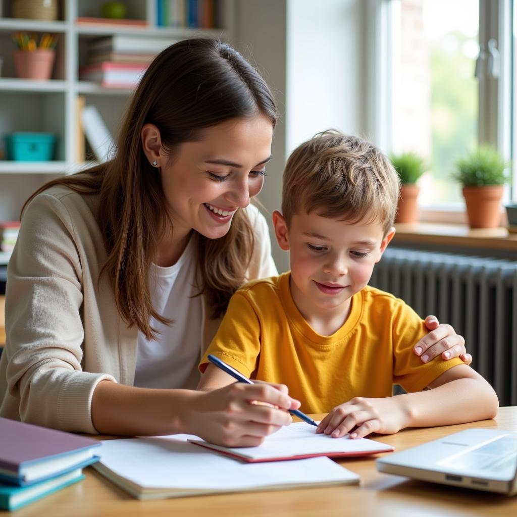 Cô giáo và cậu học trò lớp năm đang học bài