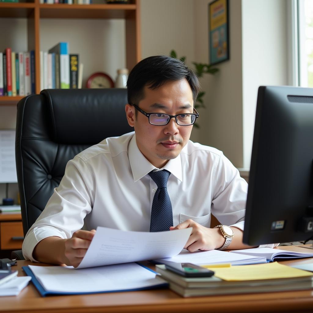 Hiệu trưởng làm việc tại văn phòng