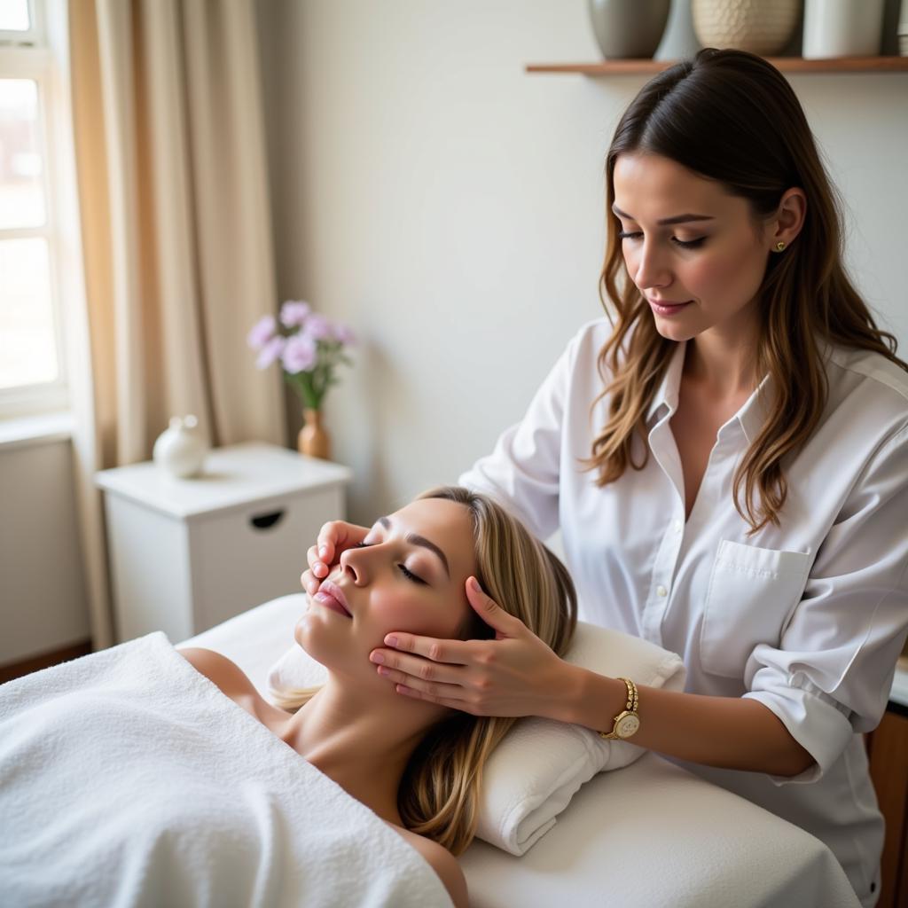 Học nghề spa có nên không? Hình ảnh minh họa một học viên đang thực hành massage mặt.