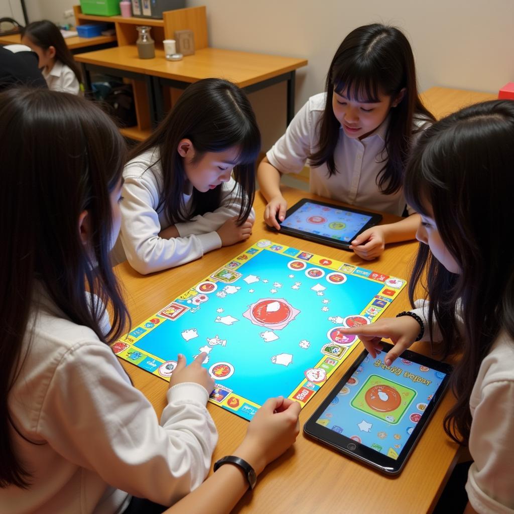 Học sinh hào hứng tham gia chơi board game Lớp Học Mật Ngữ online trên máy tính bảng.