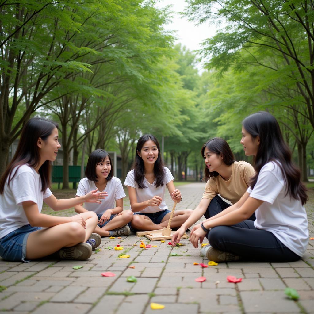 Học sinh đang tham gia các hoạt động học tiếng Việt ngoài trời