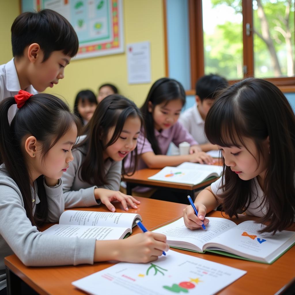 Học sinh đang học tiếng Việt qua sách vở